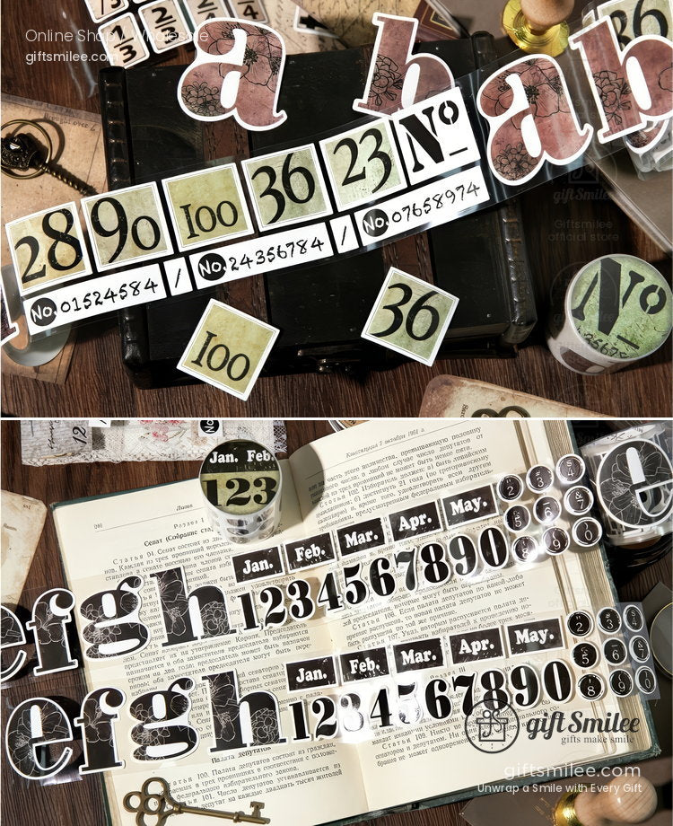 Vintagestyle number and alphabet stamps with black ink featuring retro fonts dates and distressed detailing