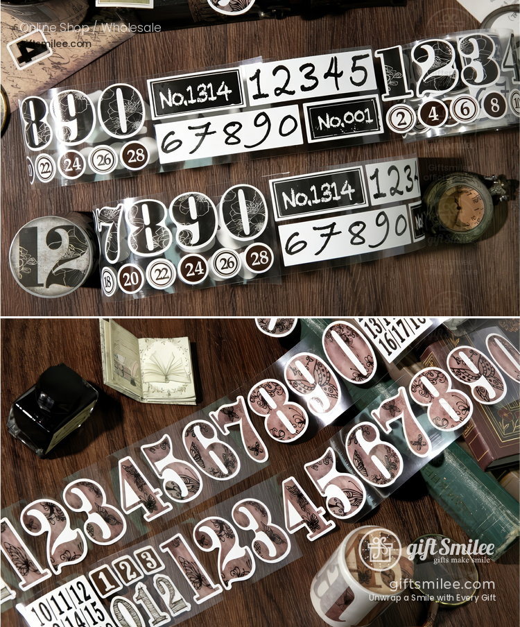 Transparent vintage number stickers in black and white with bold fonts retro design and decorative numbering elements