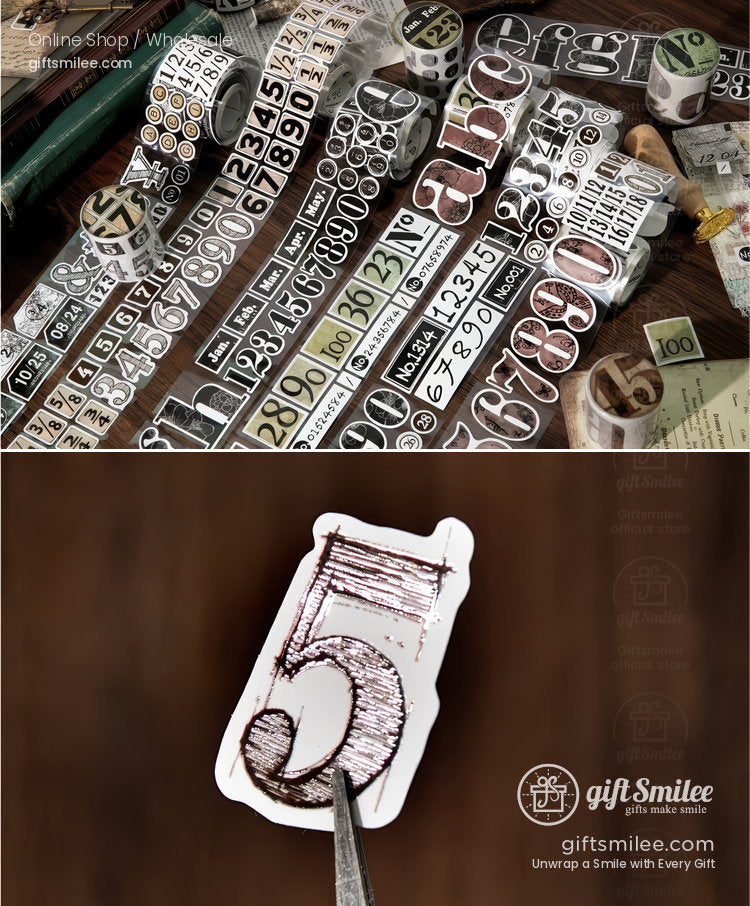 Vintagestyle washi tapes with black and white numbers letters and graphic designs perfect for crafting projects