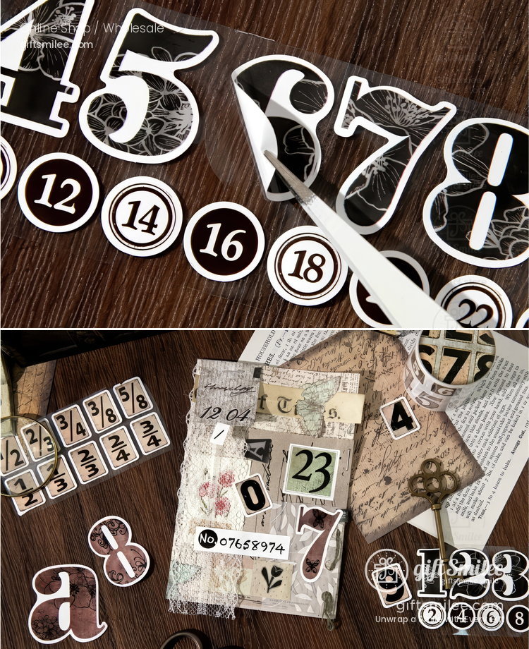 Vintagestyle number and letter stickers in black and white with floral prints perfect for scrapbooking and crafts