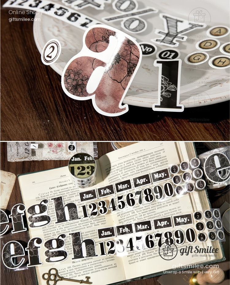 Vintagestyle black and white alphabet and number stickers with floral designs perfect for scrapbooking and journaling
