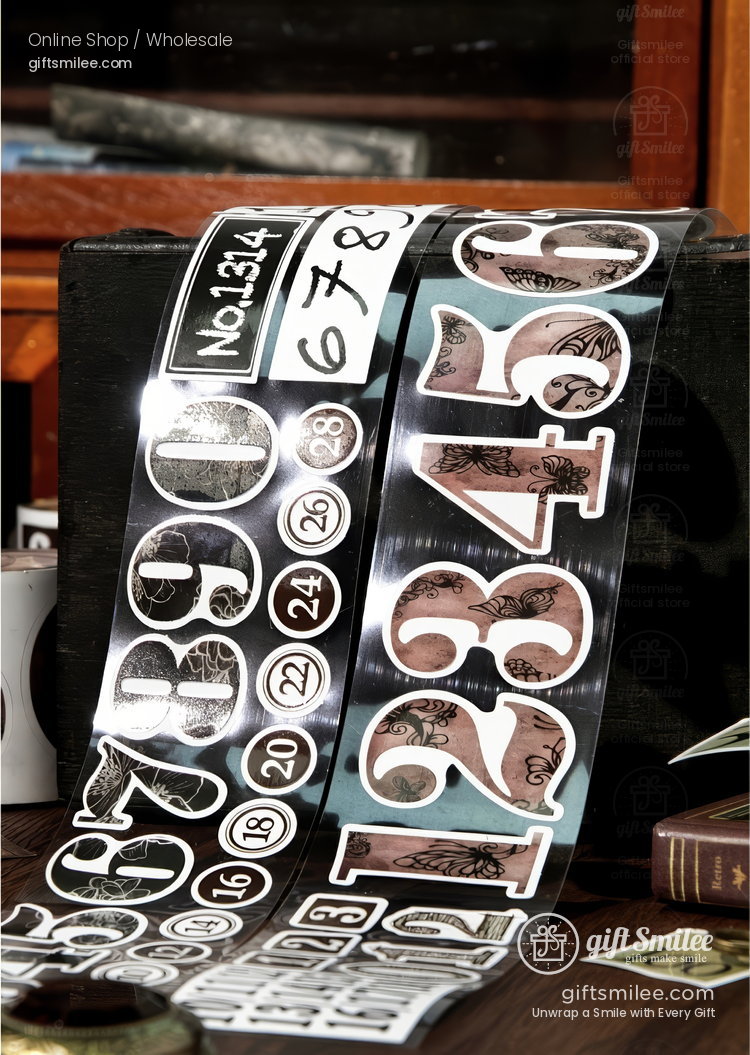 Transparent vintagestyle number stickers with intricate black and brown floral detailing on a glossy roll