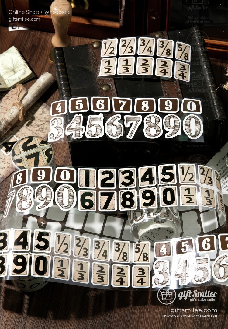 Vintagestyle black and white number and fraction stickers on transparent adhesive tape ideal for crafting or journaling