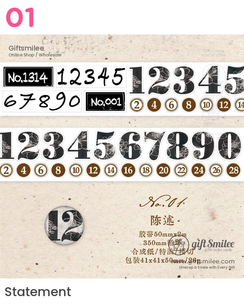 Black and white numberthemed washi tape roll with vintagestyle typography and brown circular accents 50mm width