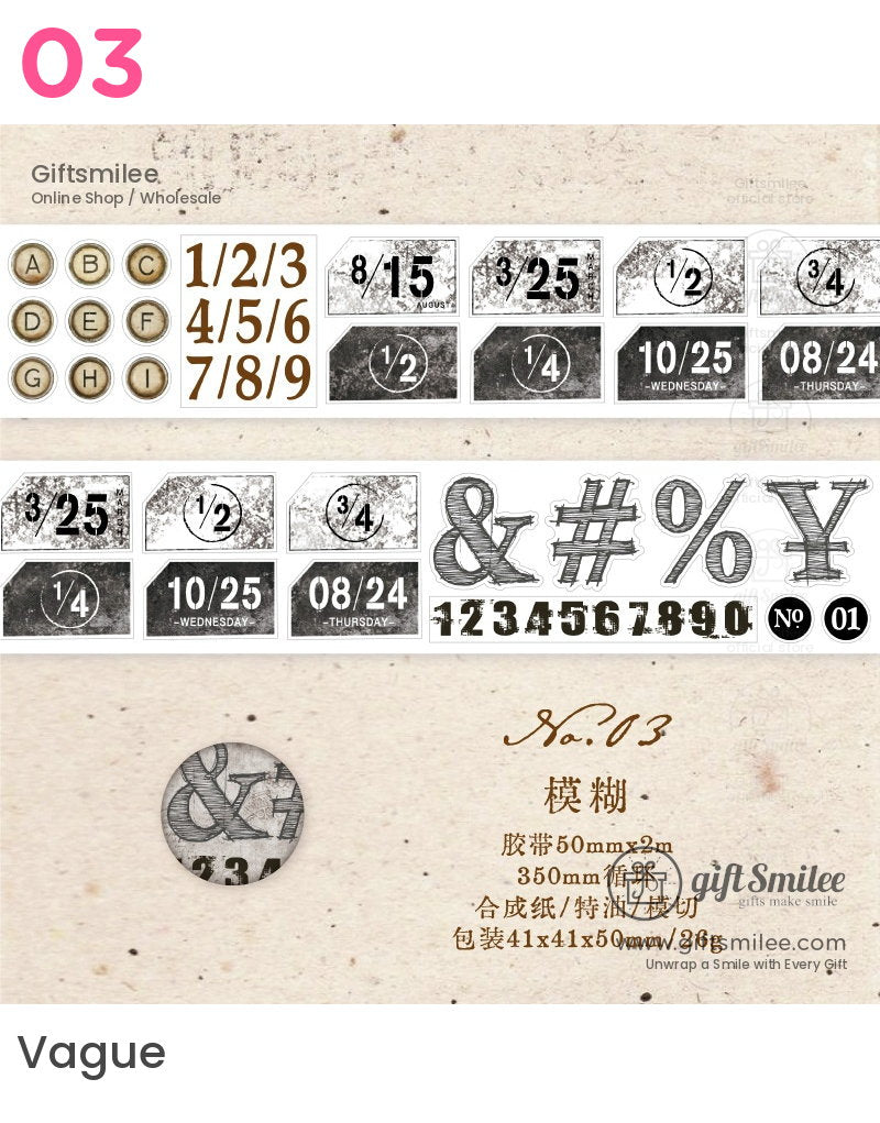 Vintagestyle washi tape with black and brown numbers symbols and date designs on textured white background