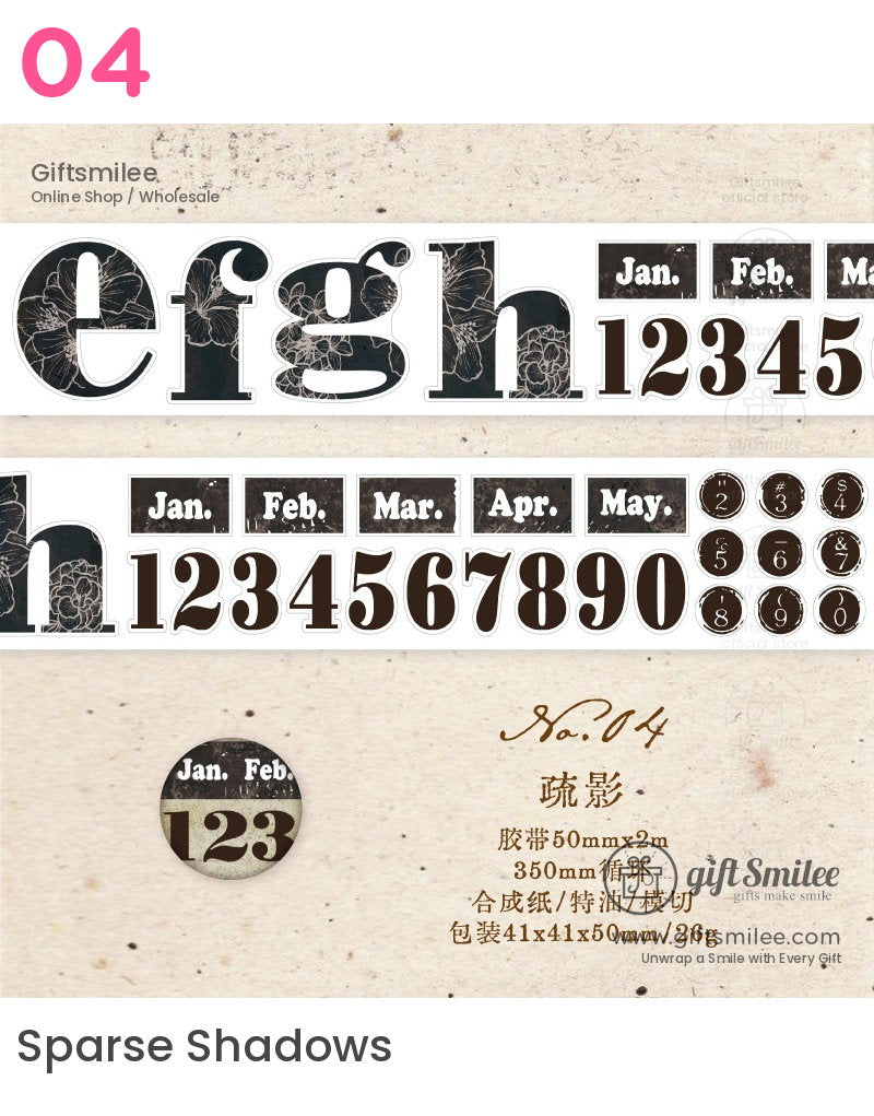 Vintagestyle washi tape with black floral script letters numbered dates and months in a neutral beige background design