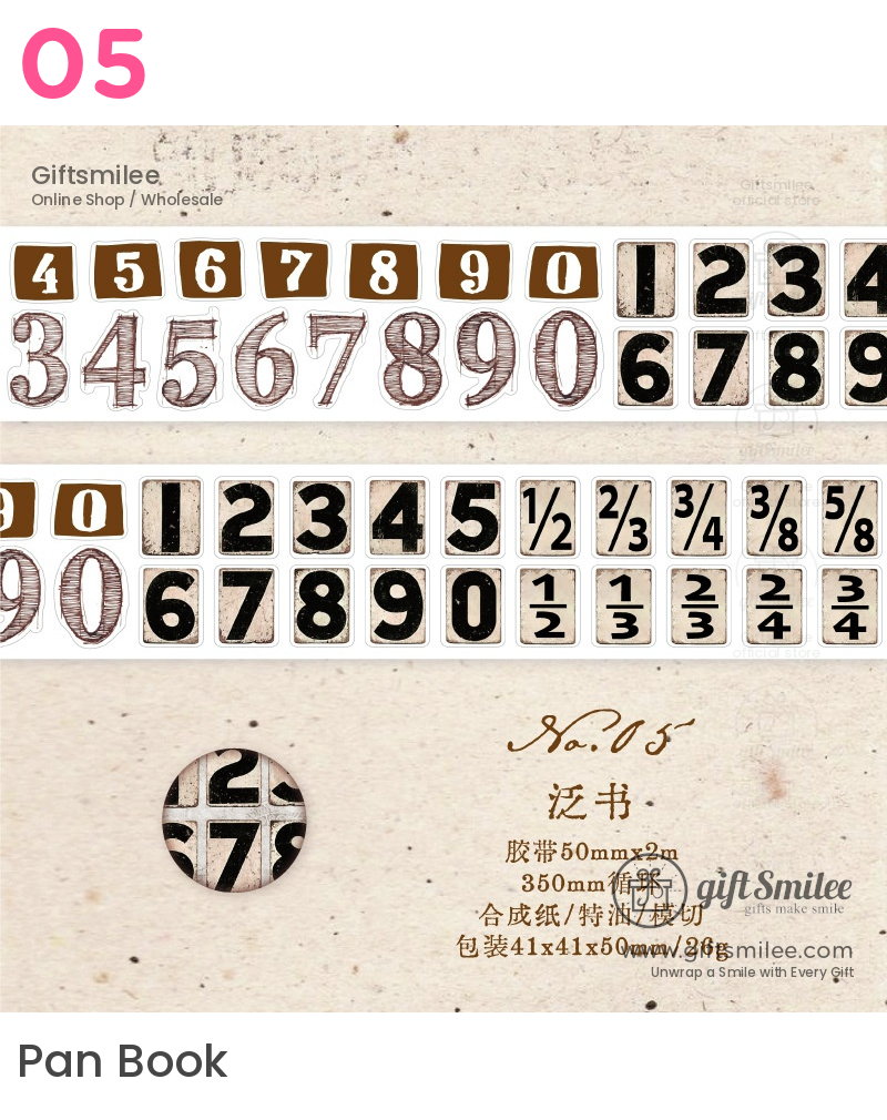 Vintagestyle number and fraction stickers with bold black white and brown designs on textured beige paper