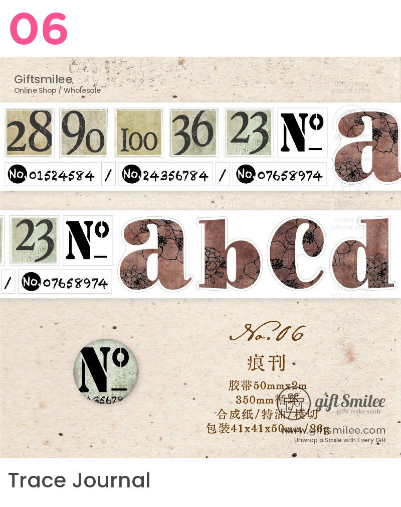 Vintagestyle washi tape with bold black numbers floralpatterned alphabet designs and muted beige and green backgrounds