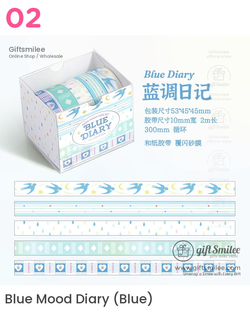 Glitter Pastel Printed 10Mm×2M 5-Roll Washi Tape Set | KS-RT-1801