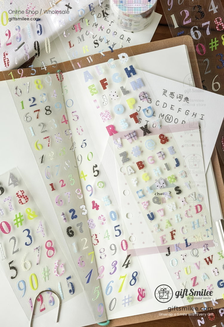 Pet White Ink Korean-Style Alphabet Number Sticker Tape | KS-RT-1806