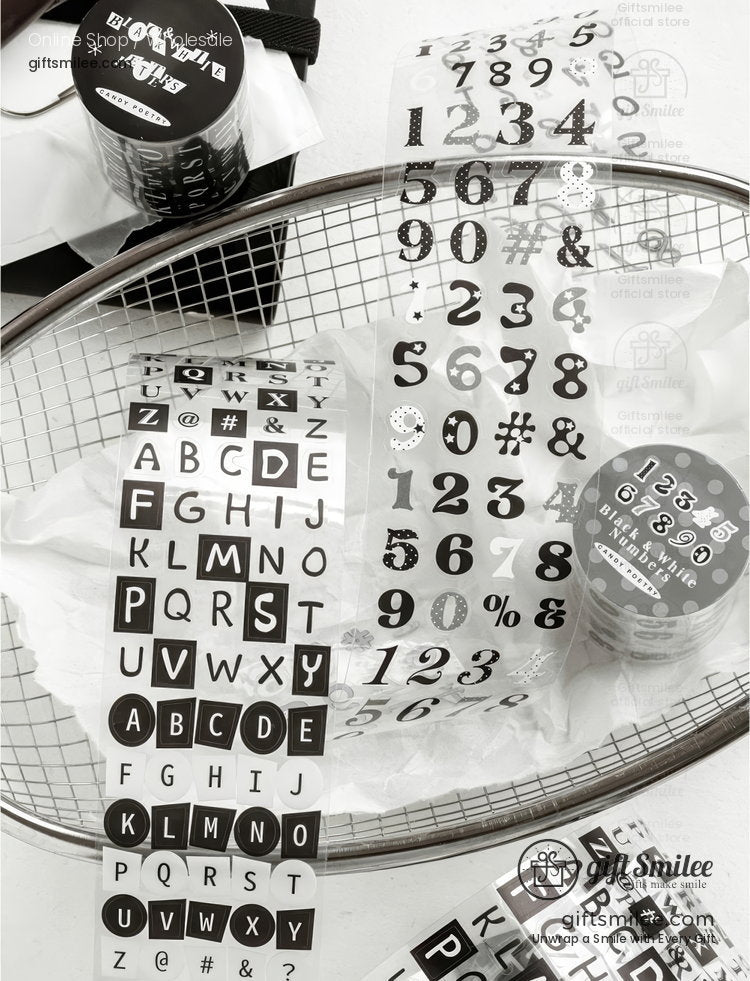 Pet White Ink Korean-Style Alphabet Number Sticker Tape | KS-RT-1806