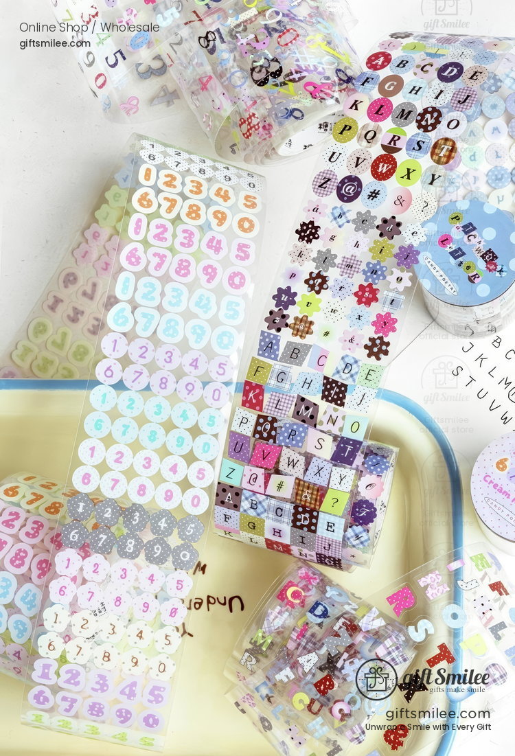 Pet White Ink Korean-Style Alphabet Number Sticker Tape | KS-RT-1806