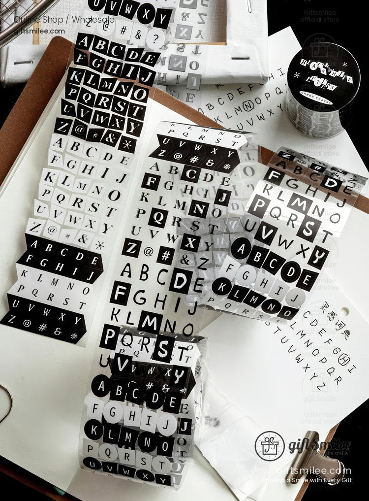 Pet White Ink Korean-Style Alphabet Number Sticker Tape | KS-RT-1806