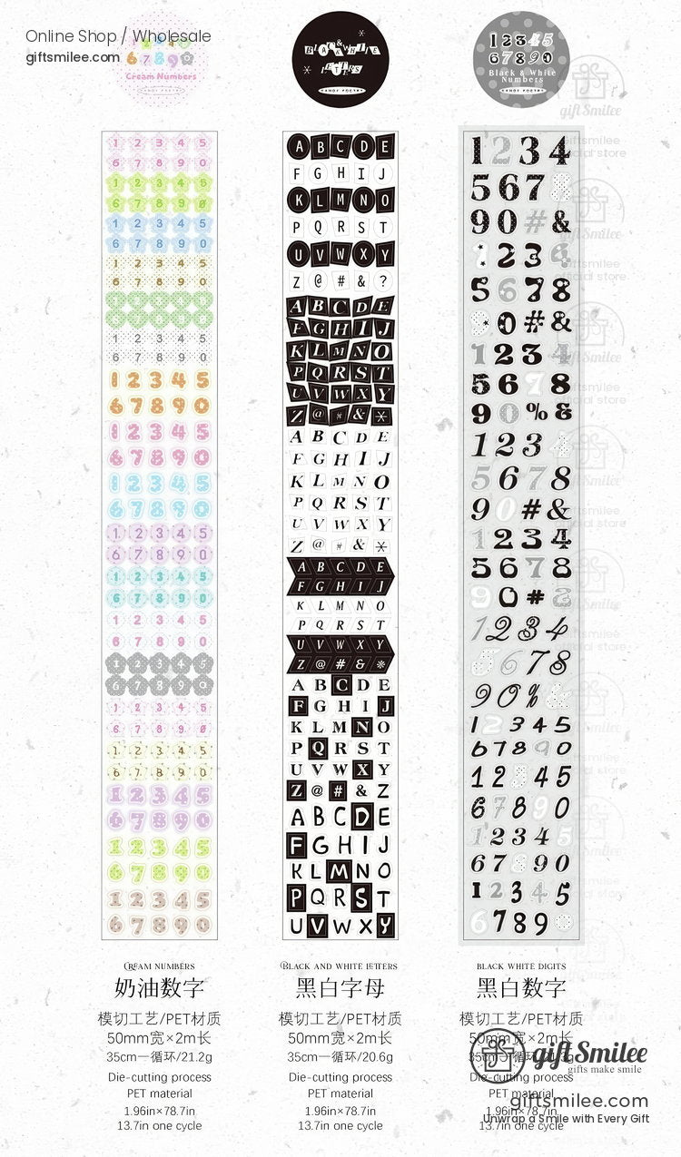 Pet White Ink Korean-Style Alphabet Number Sticker Tape | KS-RT-1806