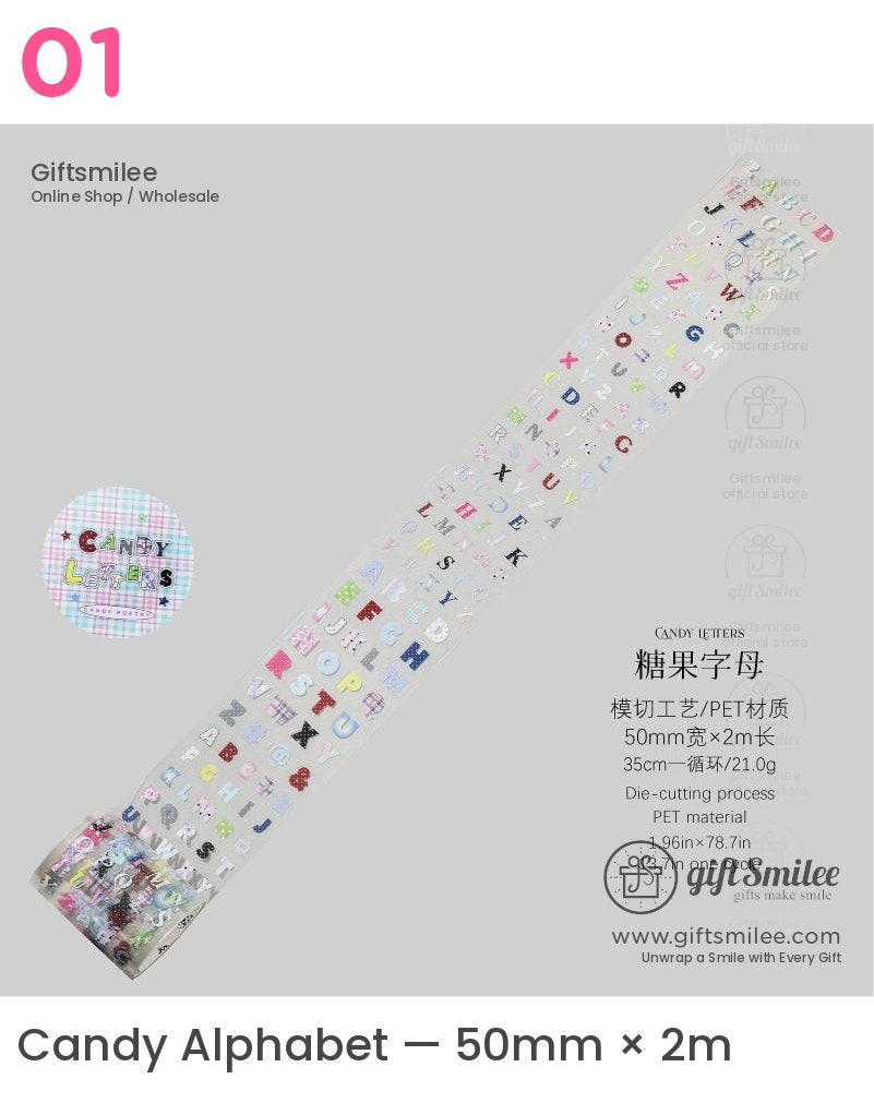 Pet White Ink Korean-Style Alphabet Number Sticker Tape | KS-RT-1806