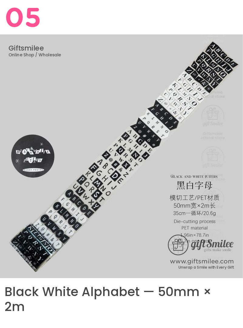 Pet White Ink Korean-Style Alphabet Number Sticker Tape | KS-RT-1806