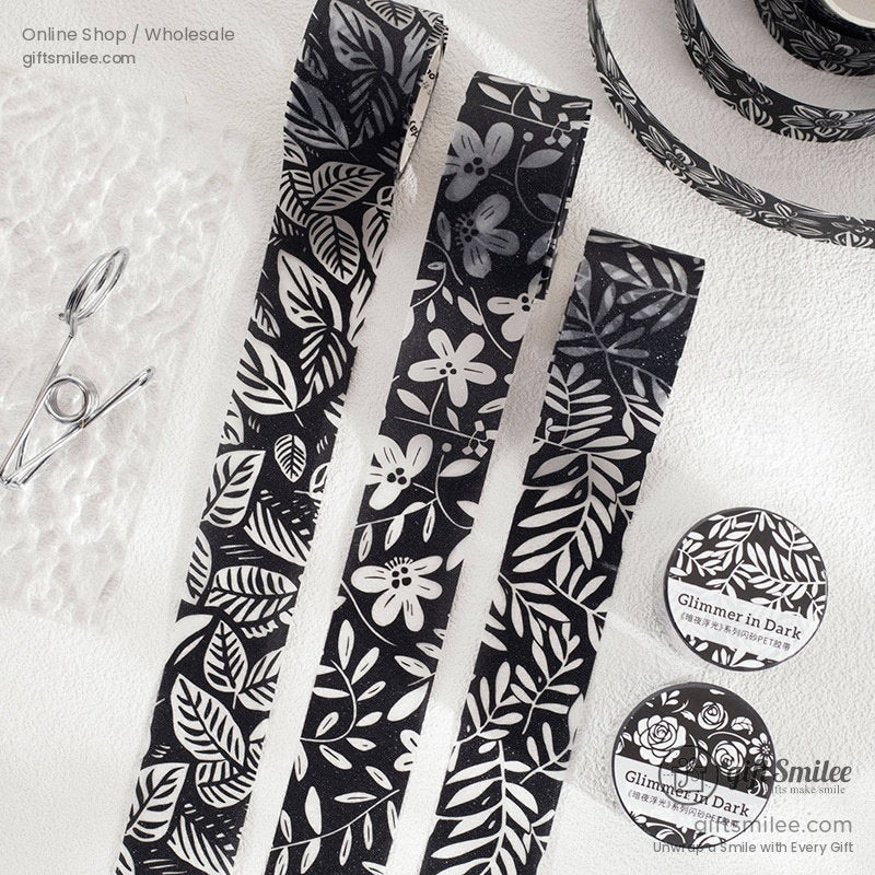 Black White Floral Glitter Pet Decorative Tape | KS-RT-1807