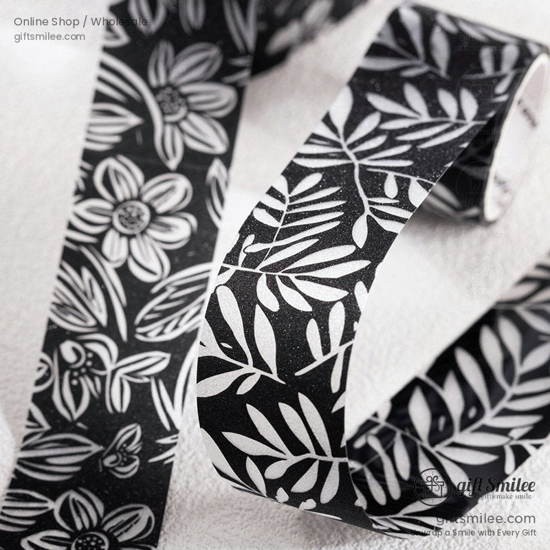 Black White Floral Glitter Pet Decorative Tape | KS-RT-1807