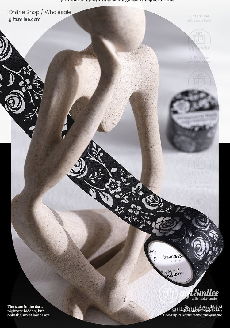 Black White Floral Glitter Pet Decorative Tape | KS-RT-1807