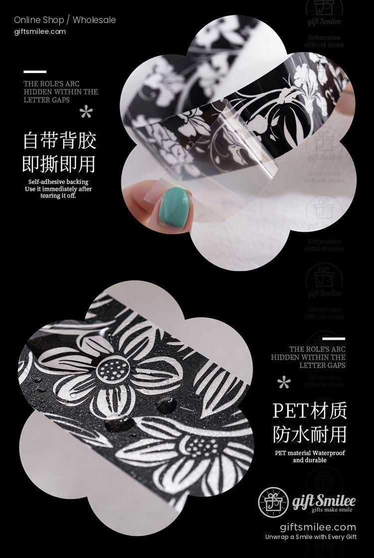 Black White Floral Glitter Pet Decorative Tape | KS-RT-1807