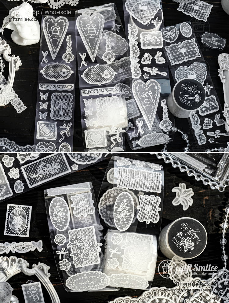 White Lace Glitter Pet Vintage Floral Decorative Tape | KS-RT-1808