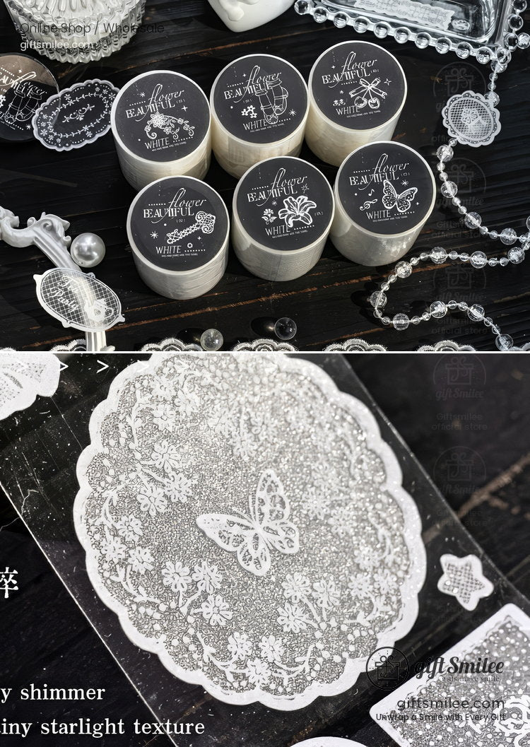 White Lace Glitter Pet Vintage Floral Decorative Tape | KS-RT-1808