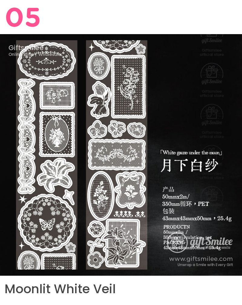 White Lace Glitter Pet Vintage Floral Decorative Tape | KS-RT-1808