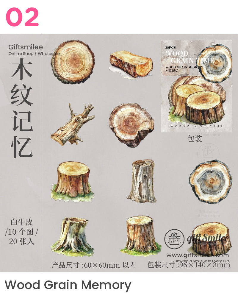 Vintage Wood Grain Floral Scrapbook Stickers - Nature-Themed Decals (20Pcs) Stickers | japan style