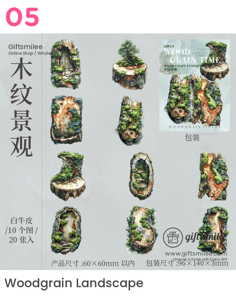 Vintage Wood Grain Floral Scrapbook Stickers - Nature-Themed Decals (20Pcs) Stickers | japan style