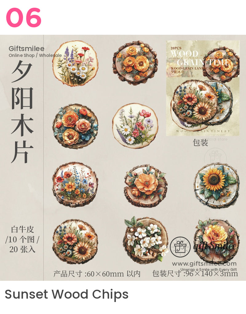 Vintage Wood Grain Floral Scrapbook Stickers - Nature-Themed Decals (20Pcs) Stickers | japan style