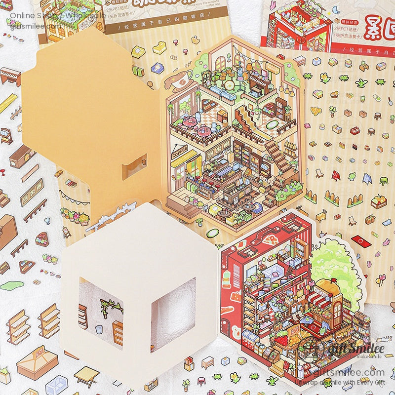 Fully assembled DIY sticker set showcasing a layered coffee shop and cute miniature accessories.