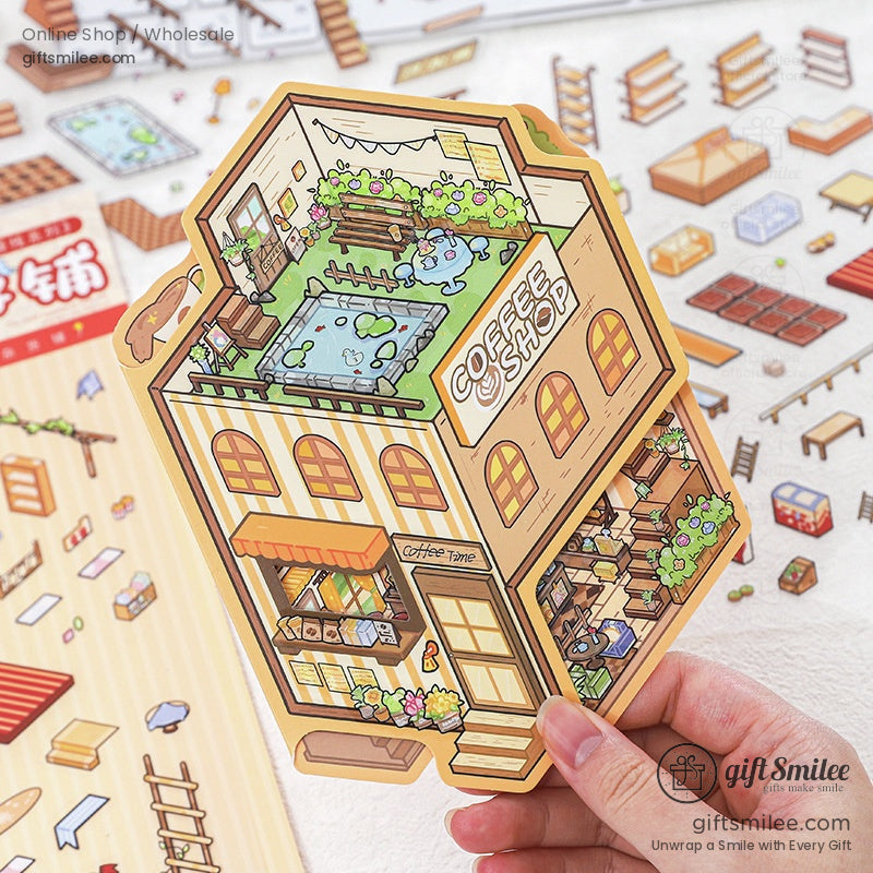 A close-up of the coffee shop sticker with vibrant rooftop details and cozy interiors.