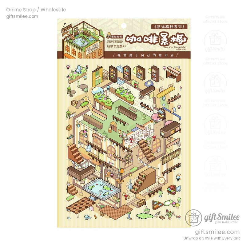 Packaging of the coffee shop DIY sticker set featuring all included accessories.