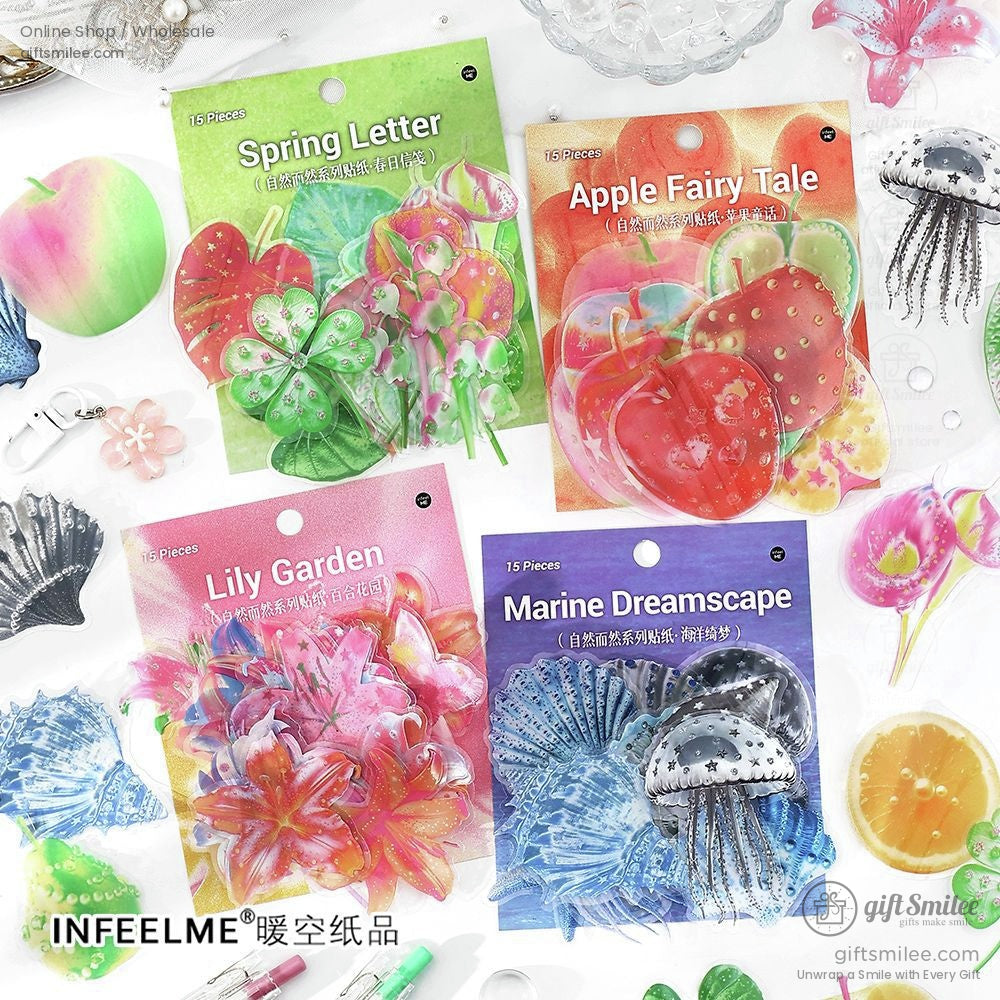 A collection of nature-themed sticker packs featuring floral, marine, and fruit designs, perfect for crafts and journaling