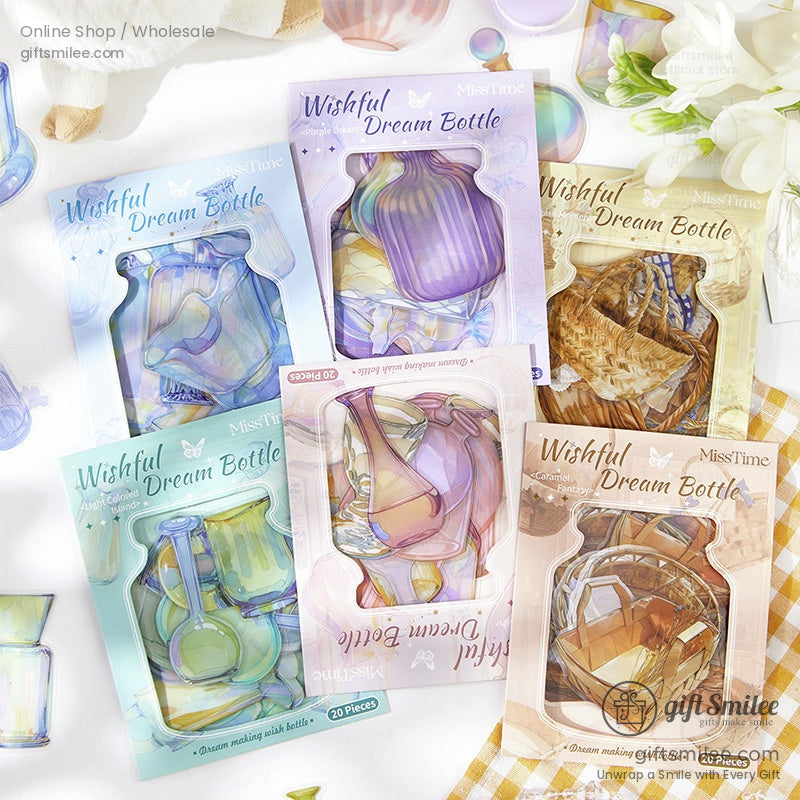 A set of Wishful Dream Bottle stickers in pastel holographic colors, perfect for journaling