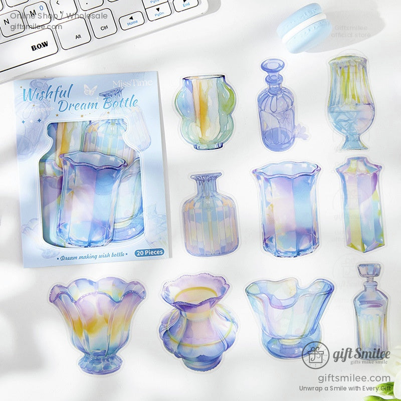 A set of Wishful Dream Bottle stickers in pastel holographic colors, perfect for journaling