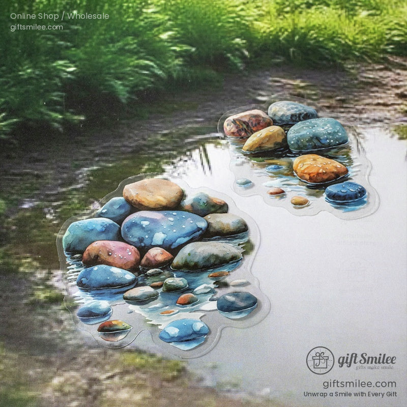 Nature-inspired watercolor sticker featuring a puddle with autumn reflections and golden leaves