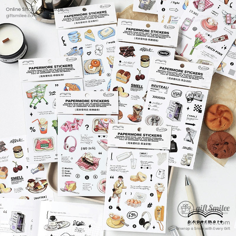 Papermore aesthetic sticker sheets set – cute food, lifestyle and stationery illustrations for journaling and scrapbooking, flat lay on white desk
