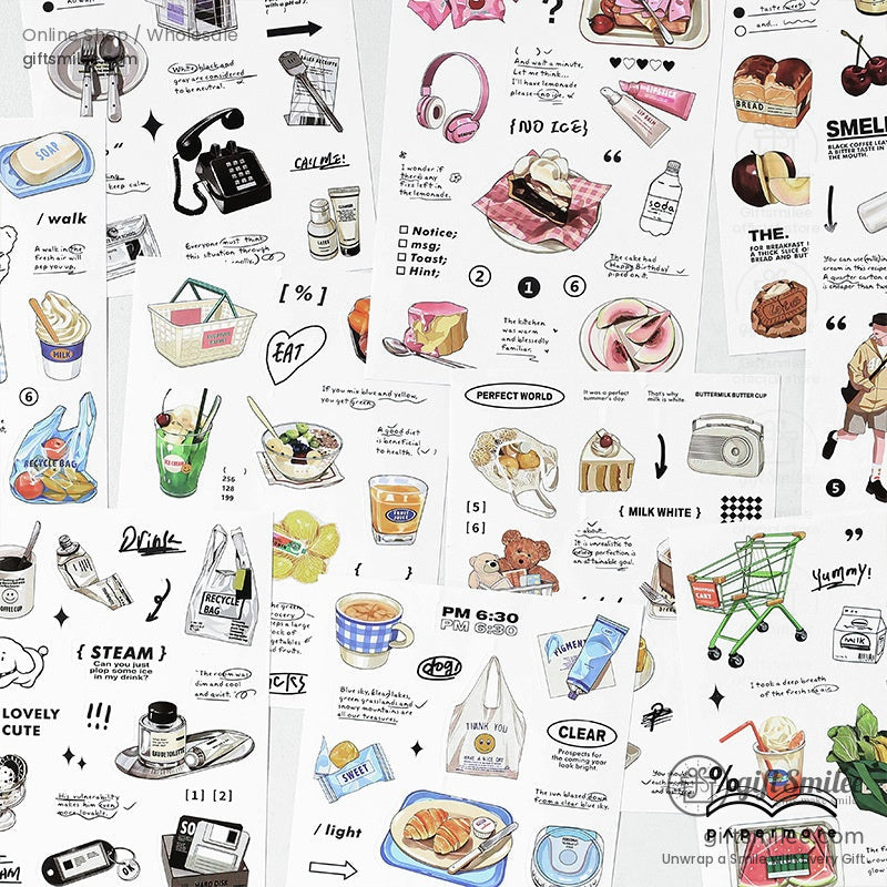 Papermore aesthetic sticker sheets set – cute food, lifestyle and stationery illustrations for journaling and scrapbooking, flat lay on white desk