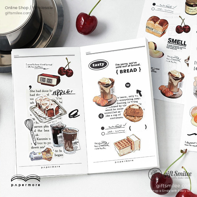 Papermore bakery-themed sticker sheets with coffee, bread, waffles, and cherry illustrations on a white background, giftsmilee branding visible.