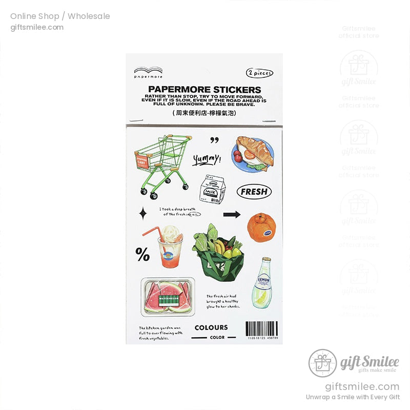 “Papermore grocery-themed stickers sheet with shopping cart, produce, drinks, and food illustrations on white background”