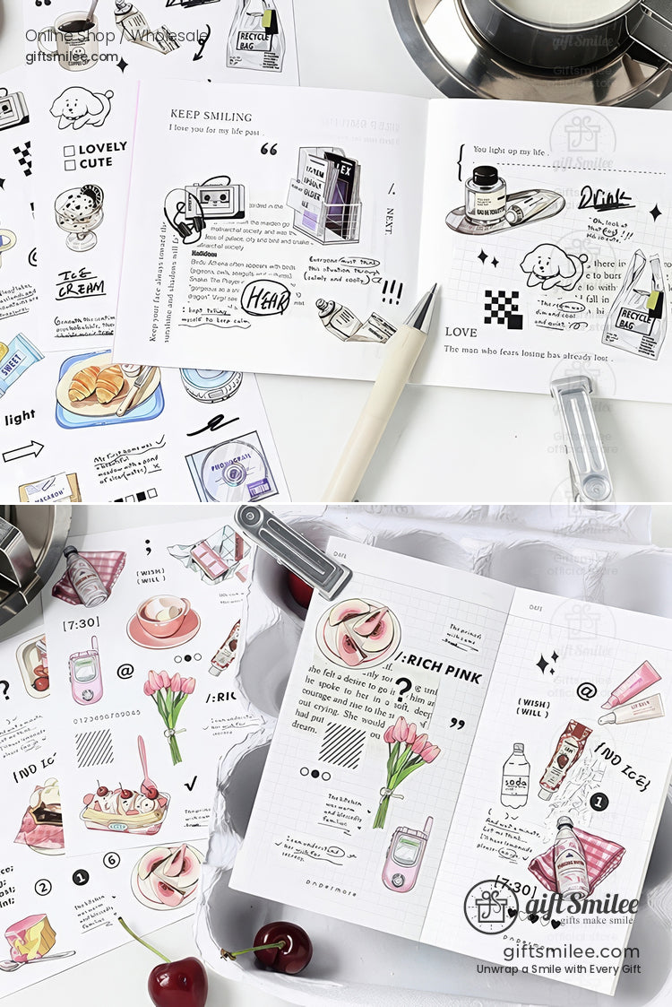 Cute scrapbook sticker sheets with pastel food, flowers, and stationery illustrations laid out on a white desk for journaling and planners