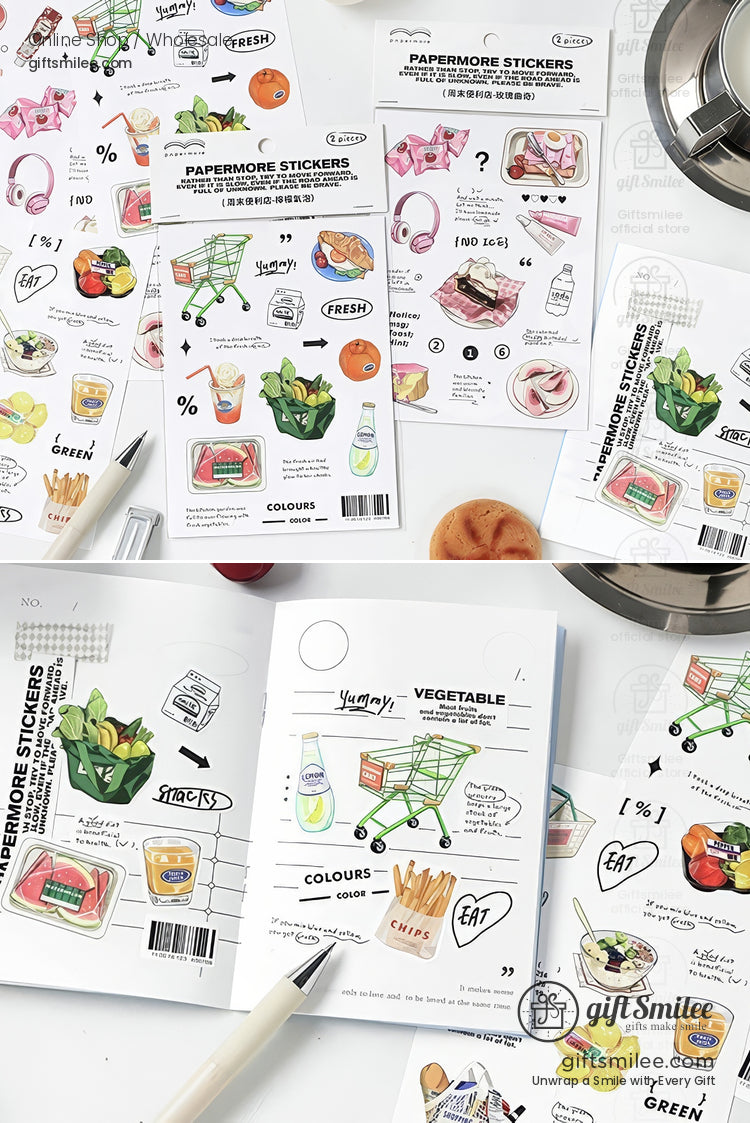 Grocery-themed papermore stickers set with shopping cart, vegetables, snacks, and market icons displayed on white background for journaling and scrapbooking