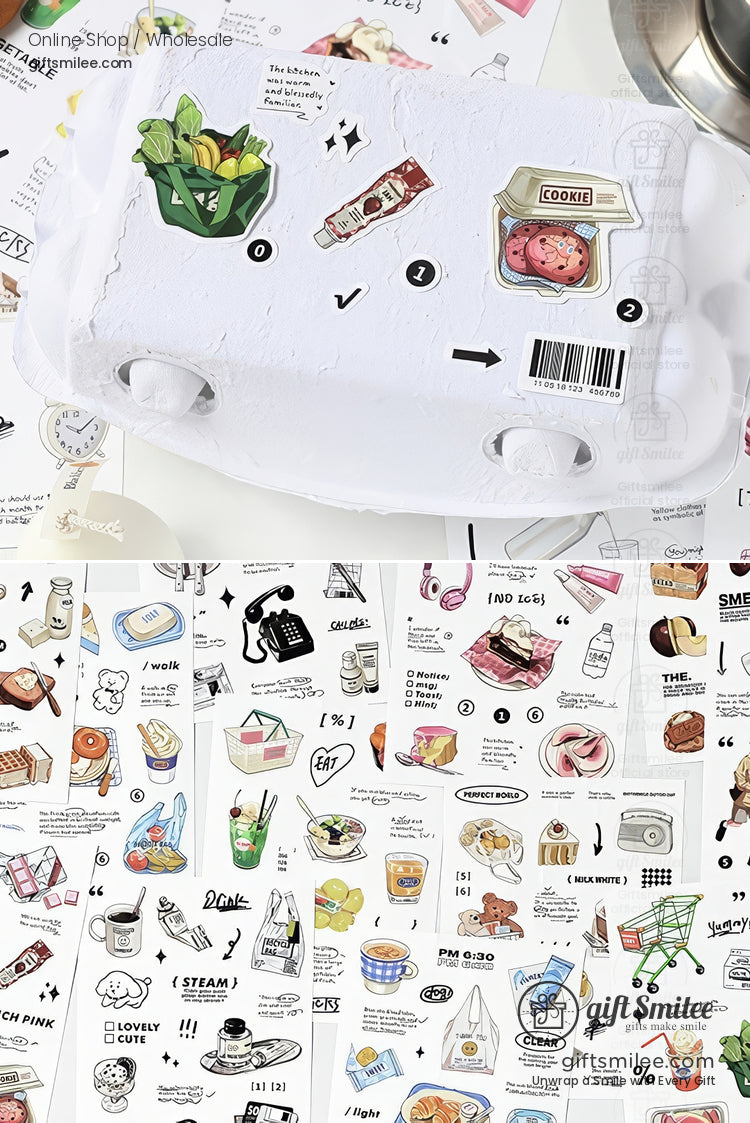 Cute food and kitchen-themed sticker sheets displayed with decorative labels on a white background, ideal for scrapbooking or planners.
