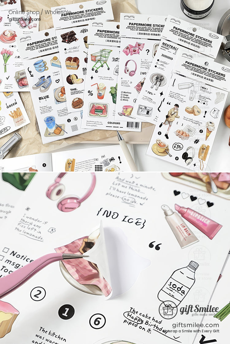 Assorted Papermore aesthetic sticker sheets laid out on a desk with close-up of peeling pink-themed stickers (headphones, lipstick, soda bottle) for journaling and scrapbooking.