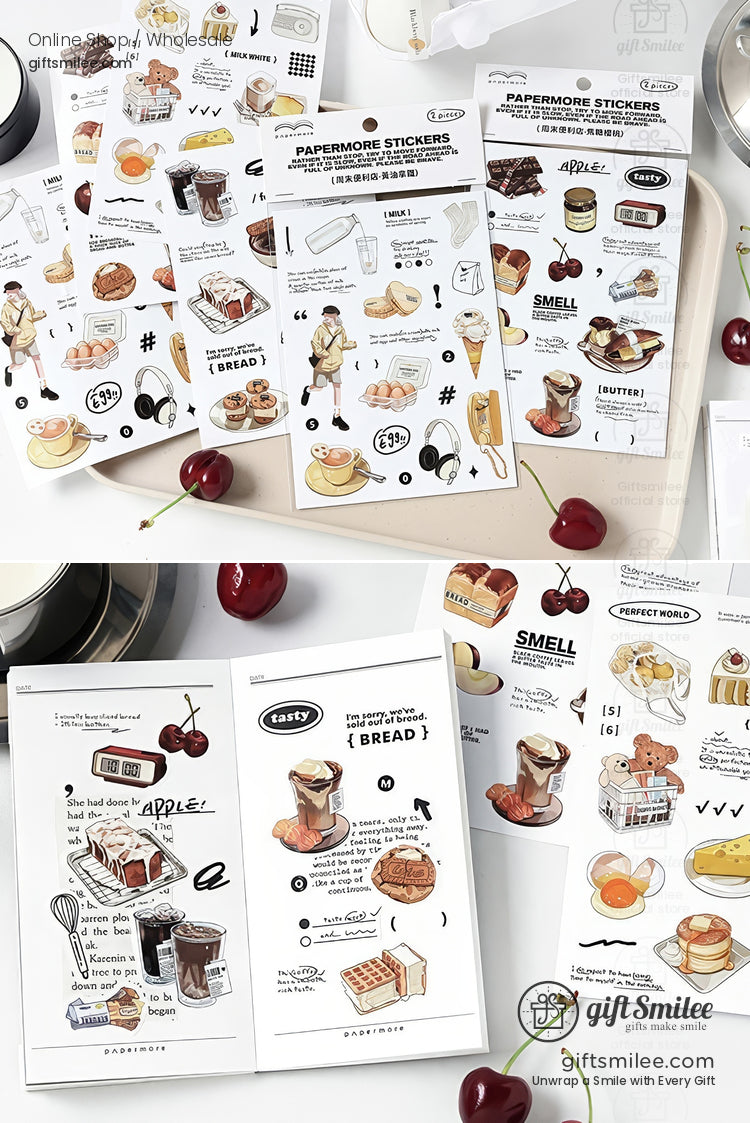 Cute bakery-themed planner stickers sheet featuring breads, pastries, coffee, and breakfast illustrations on white background for scrapbooking and journaling.