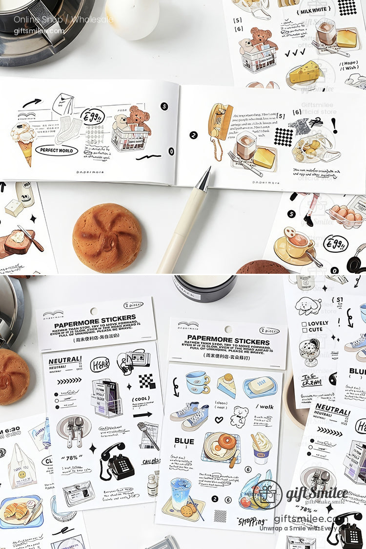 Papermore kawaii planner stickers and mini sketchbook flat lay with breakfast and cafe doodles on white background