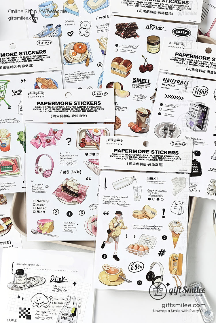 Papermore food and lifestyle sticker sheets flat lay – cute illustrated stickers of pastries, drinks, gadgets and daily items from GiftSmilee, perfect for journaling and scrapbooking.
