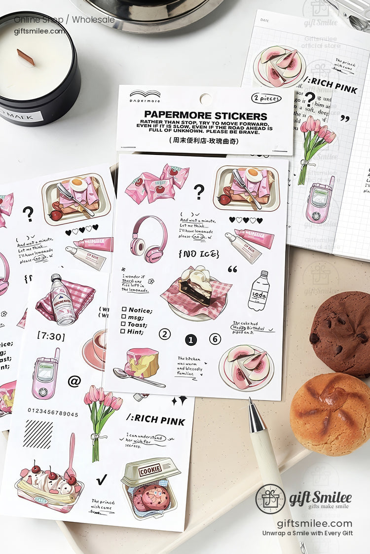 “Papermore pink aesthetic planner stickers set on desk with stationery and mini pastries – kawaii scrapbook supplies for journaling”