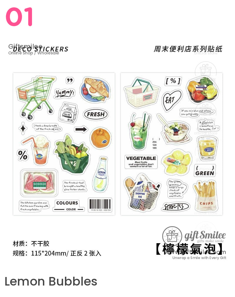 “Lemon Bubbles grocery-themed deco stickers sheet featuring shopping cart, produce, snacks, and drinks – kawaii stationery for planners and scrapbooking”